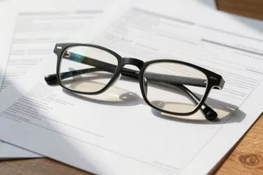 Glasses resting on financial papers